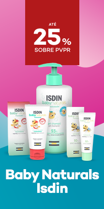 Marca Baby Naturals Isdin com destaque promocional de at&eacute; 25% sobre pre&ccedil;o de Venda ao P&uacute;blico Recomendado